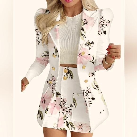 2 Piece Outfits for Women Long Sleeve Floral Print Blazer& Mini skirt - Picture 1 of 7